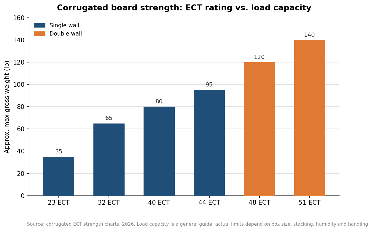 Bar chart of corrugated board ECT ratings against approximate maximum load capacity in pounds